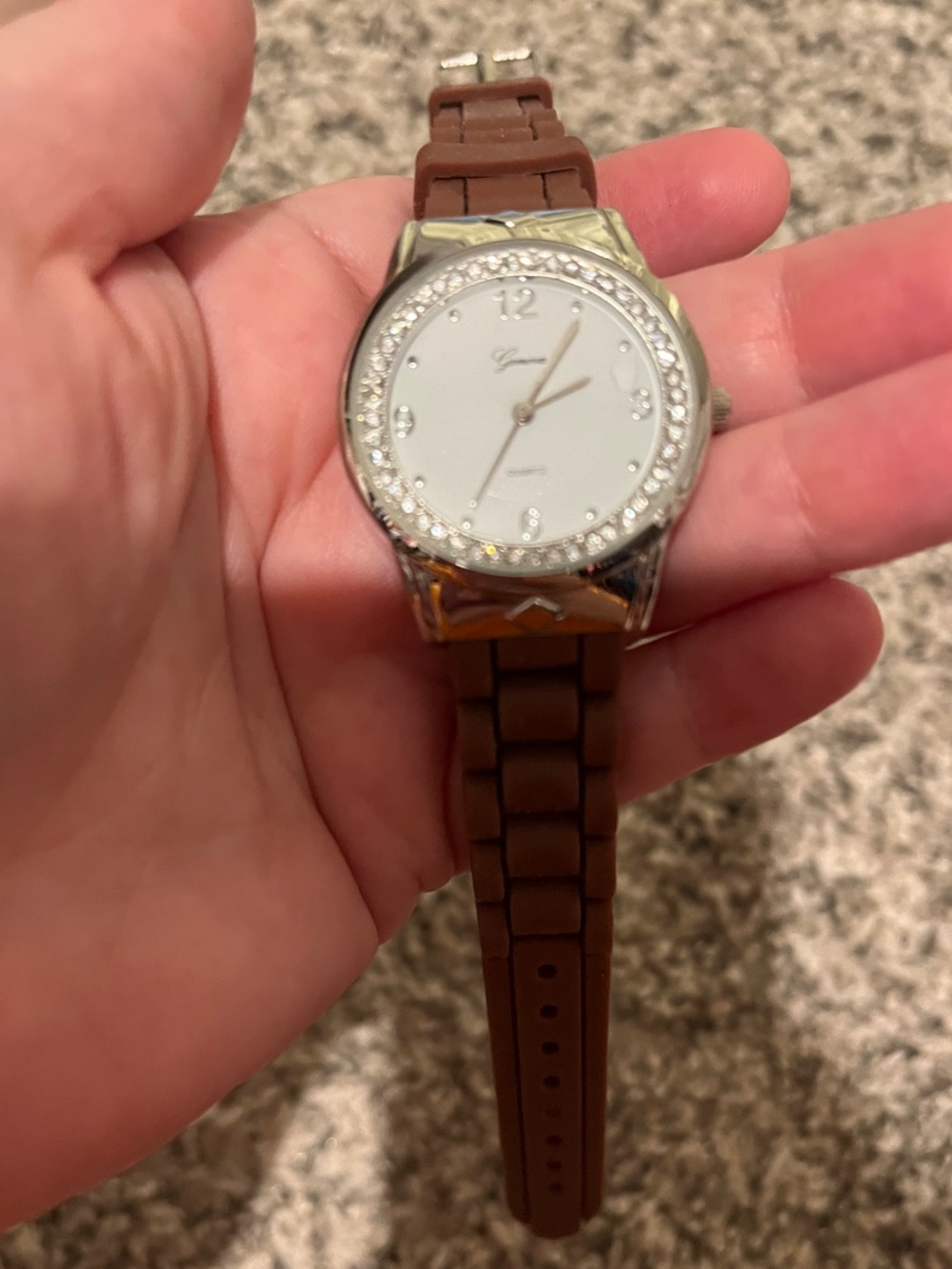 Geneva Silver Watch with Brown Strap and Crystal Accents - Picture 3 of 4